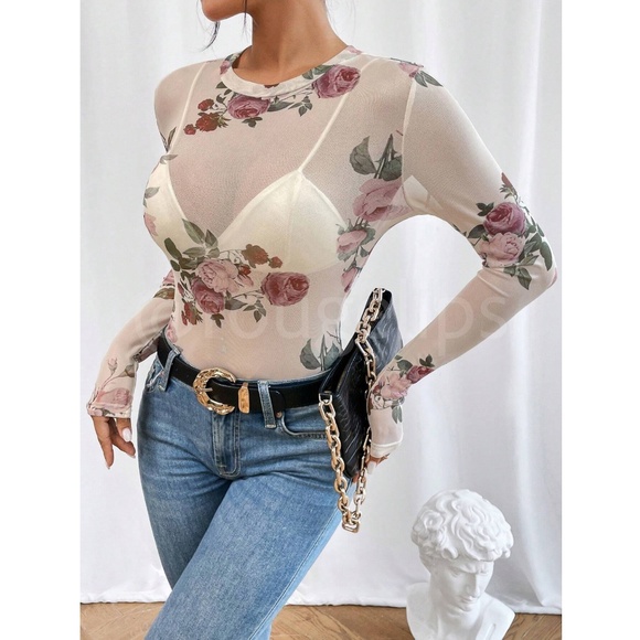 White Floral Print Mesh Sheer Shirt Top Long Sleeve See-Through, Transparent - Picture 3 of 7